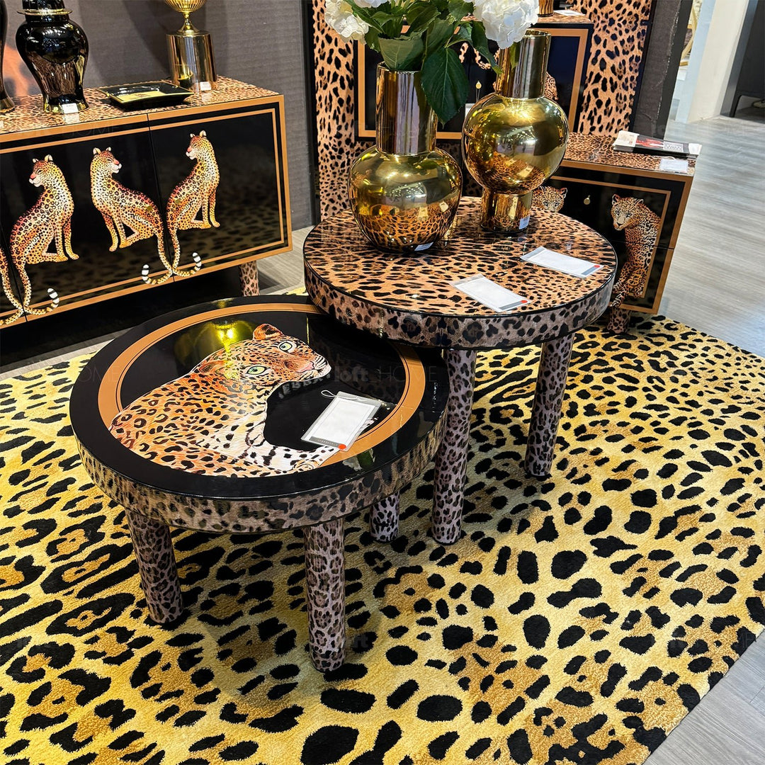 Eclectic wood coffee table leopard primary product view.