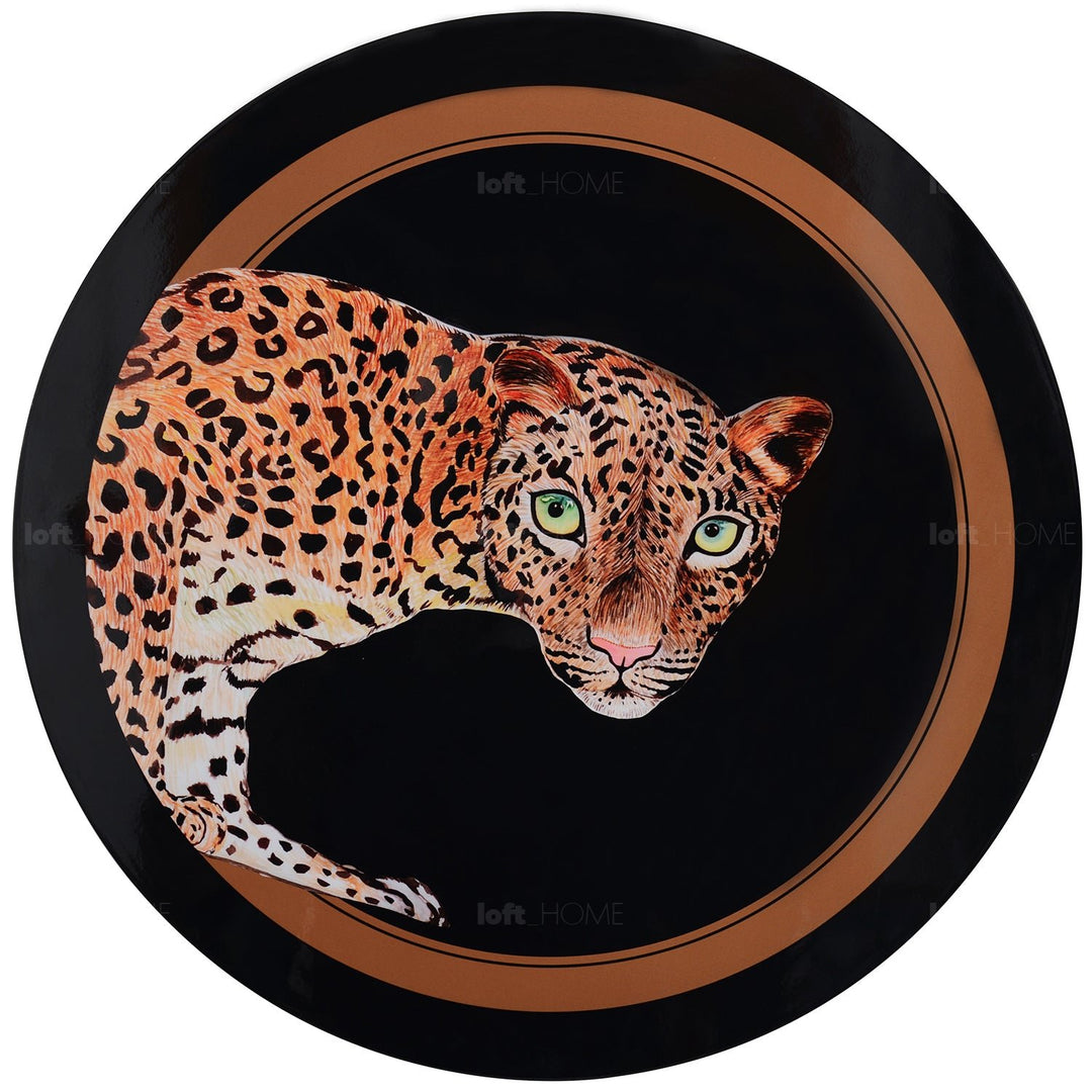 Eclectic wood coffee table leopard with context.