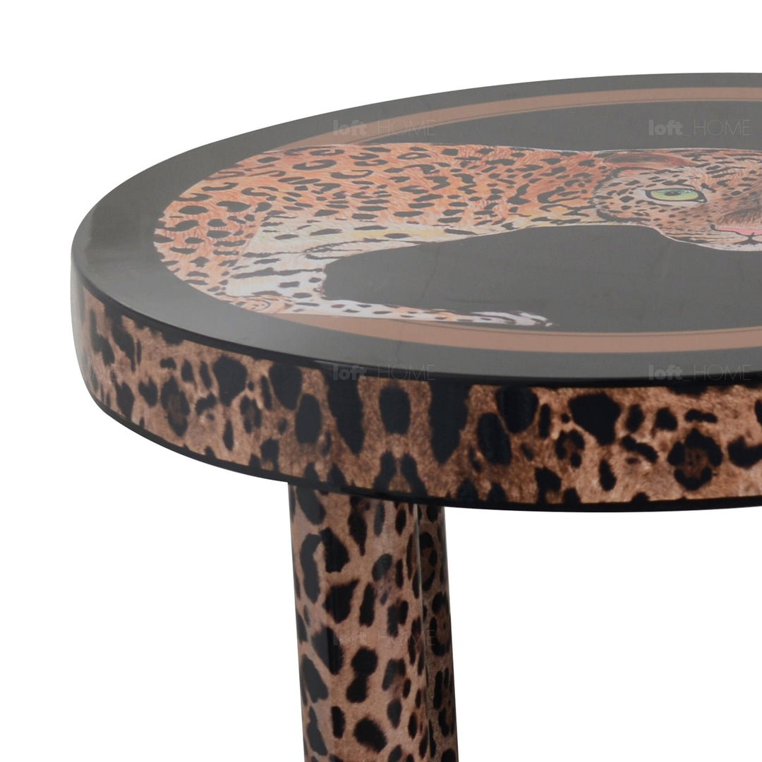 Eclectic wood coffee table leopard detail 1.