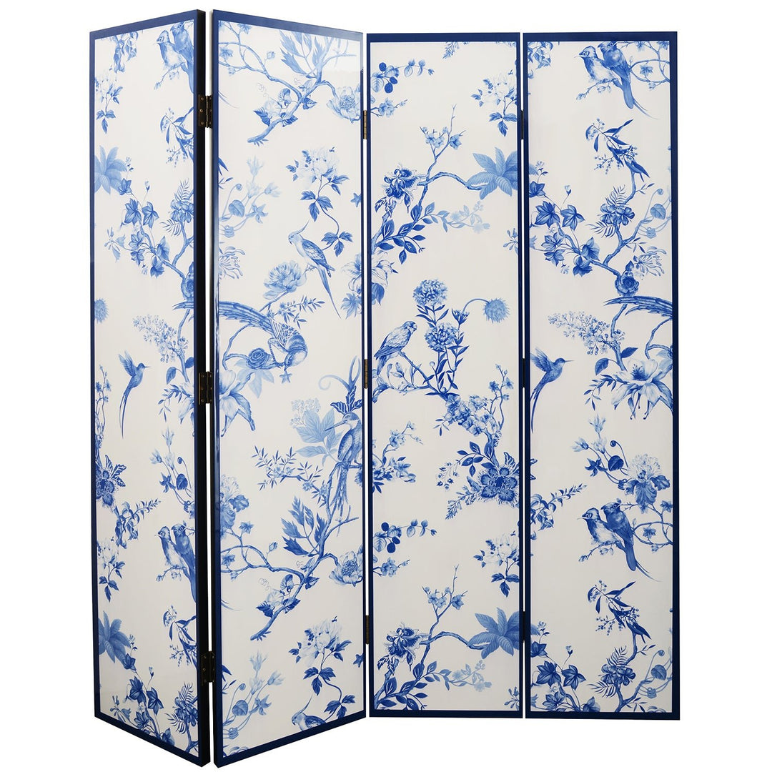 Eclectic wood divider delft blue in white background.
