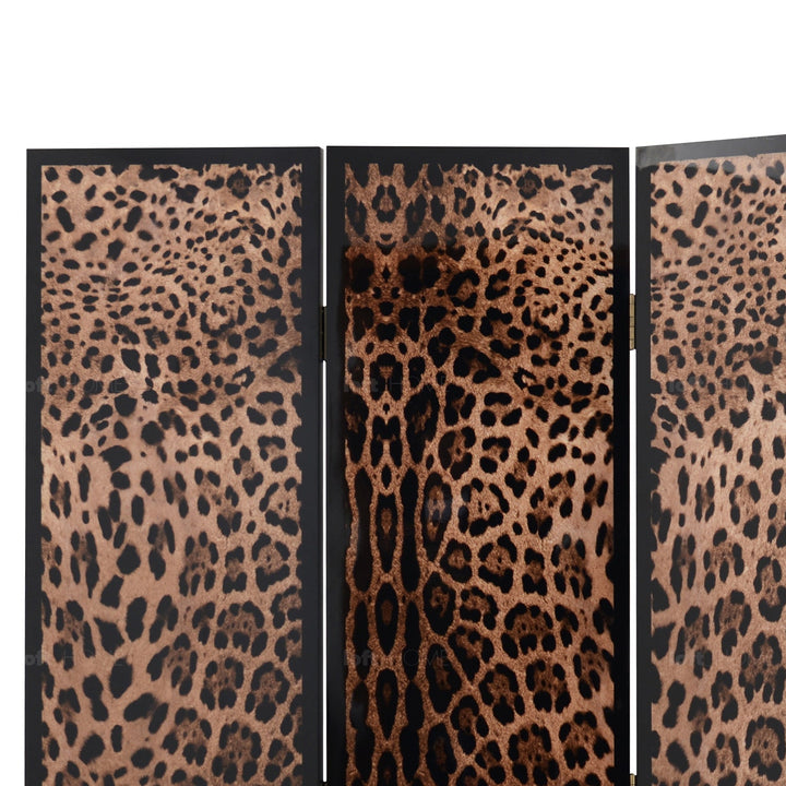 Eclectic wood divider leopard in close up details.