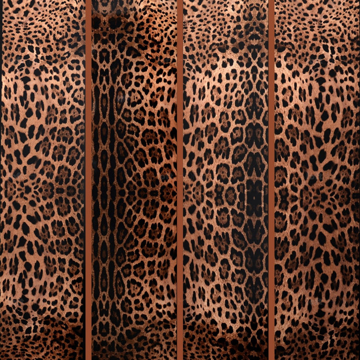 Eclectic wood divider leopard in panoramic view.