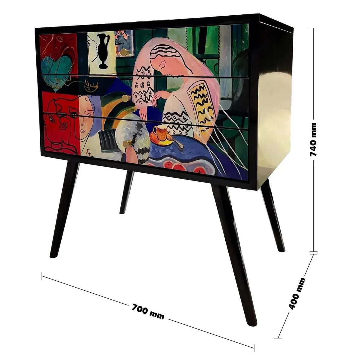 Eclectic wood drawer cabinet abstract size charts.