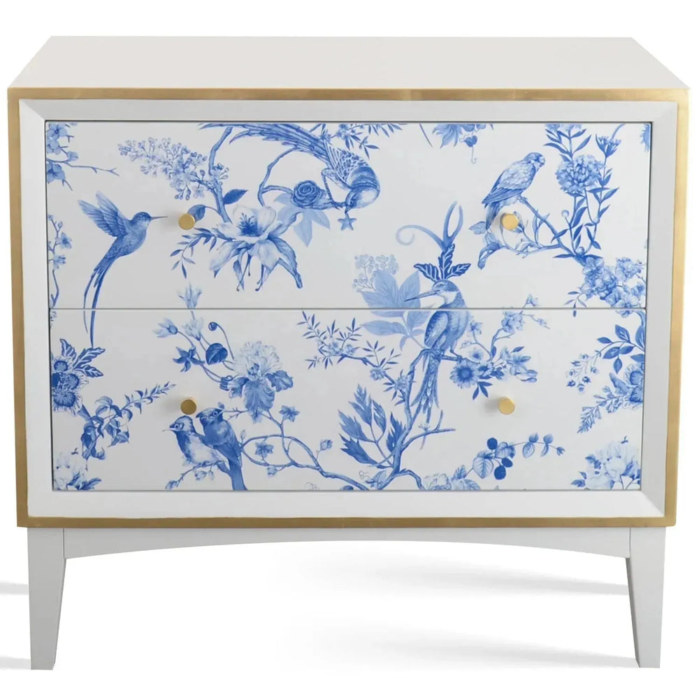 Eclectic wood drawer cabinet delft blue in white background.