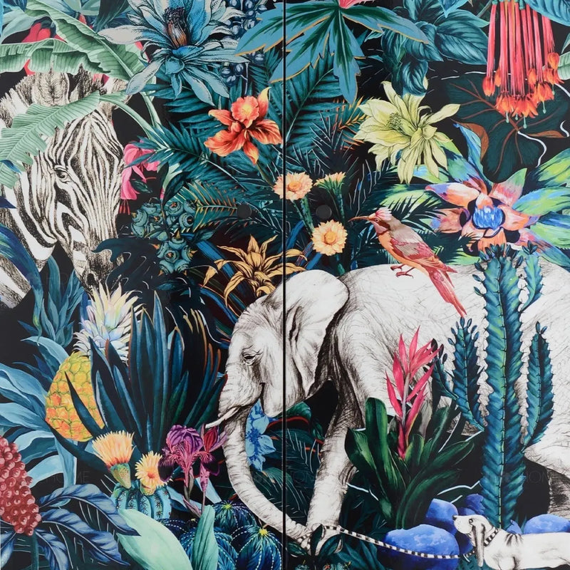 Eclectic wood drawer cabinet high jungle in close up details.