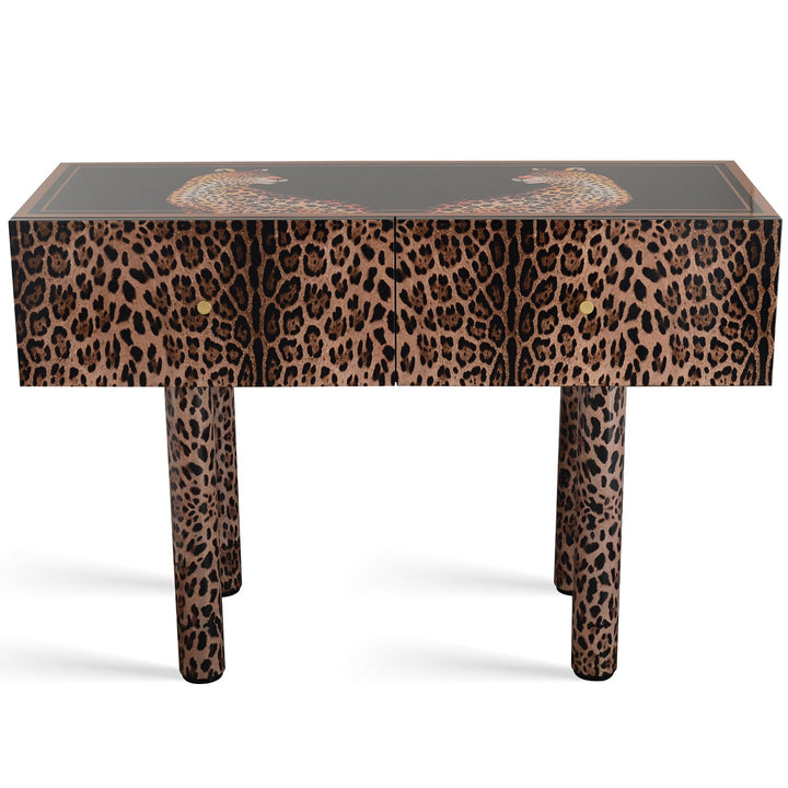 Eclectic wood drawer cabinet high leopard in white background.