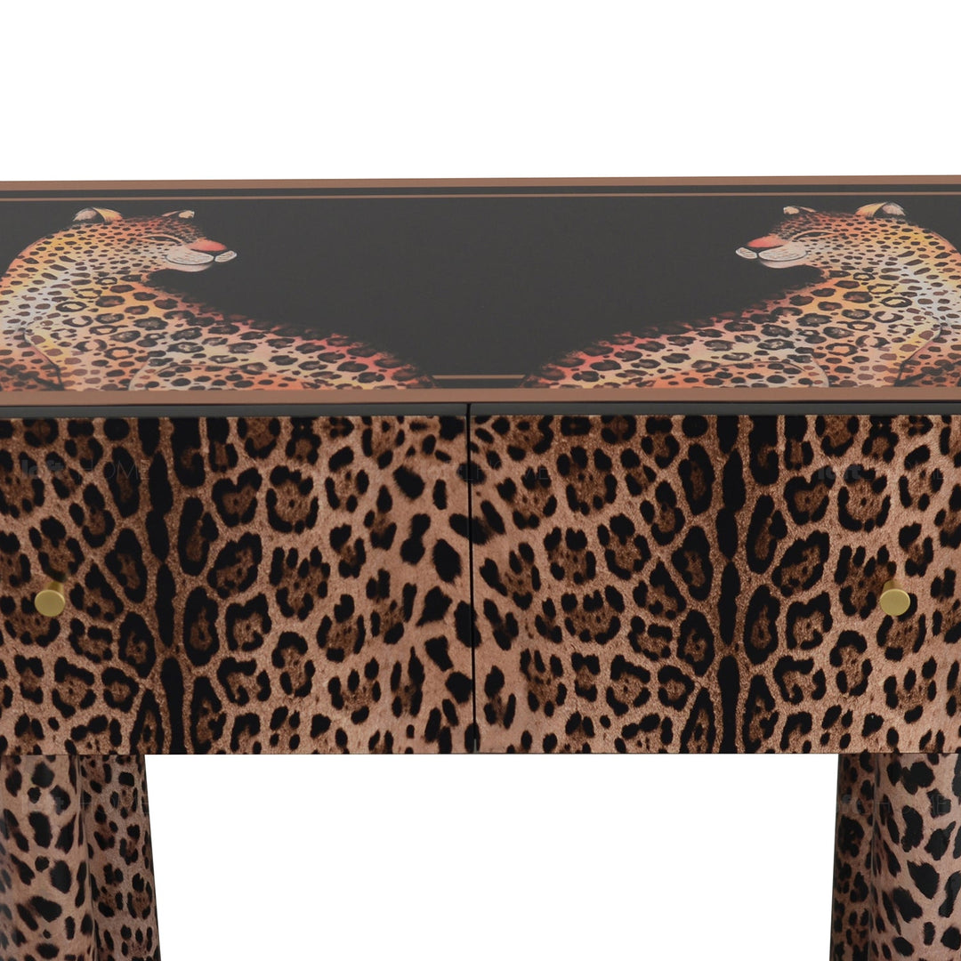 Eclectic wood drawer cabinet high leopard layered structure.