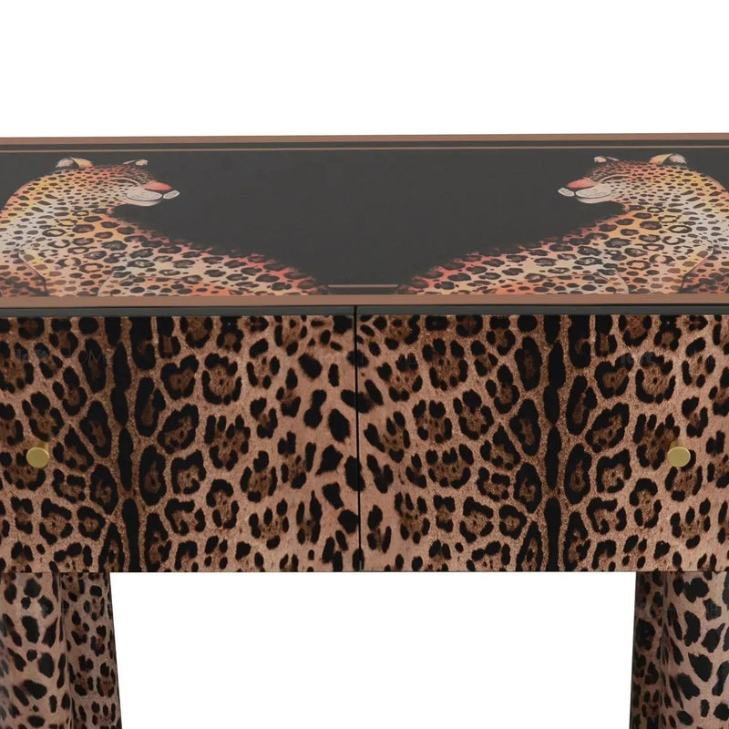 Eclectic wood drawer cabinet high leopard layered structure.