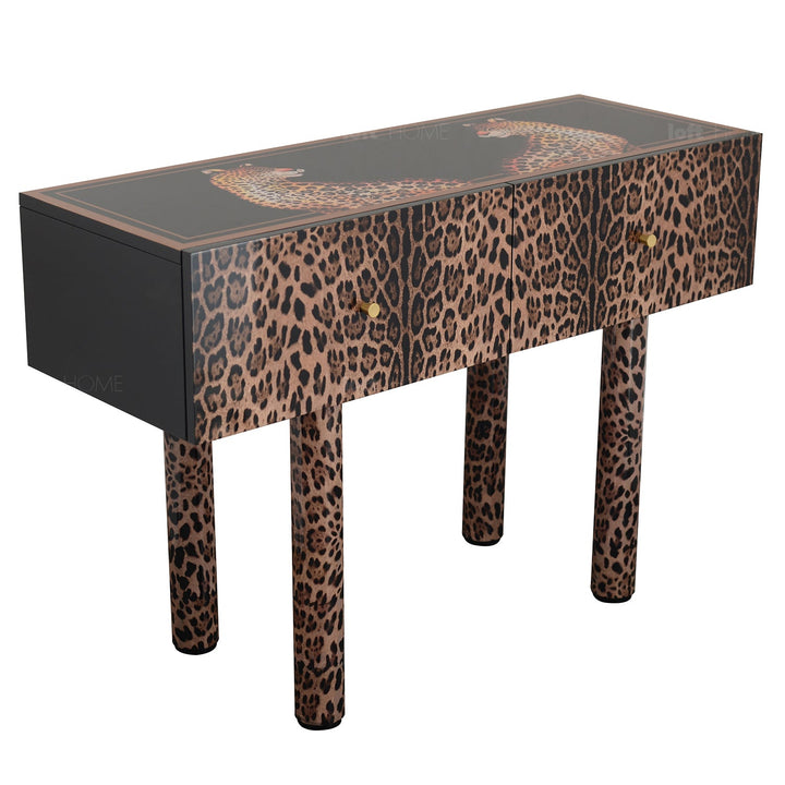 Eclectic wood drawer cabinet high leopard in details.