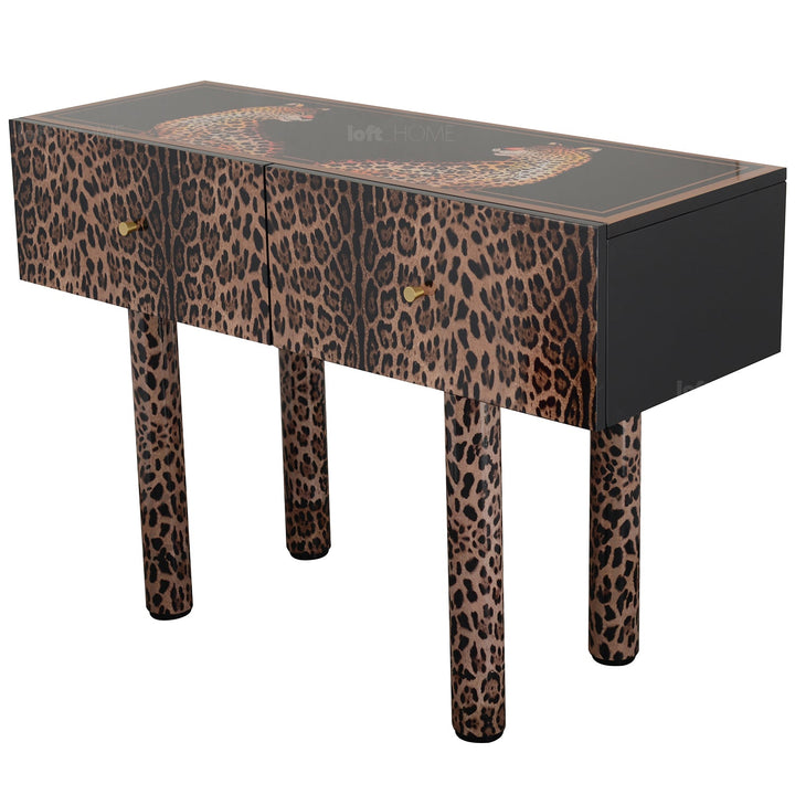 Eclectic wood drawer cabinet high leopard in close up details.