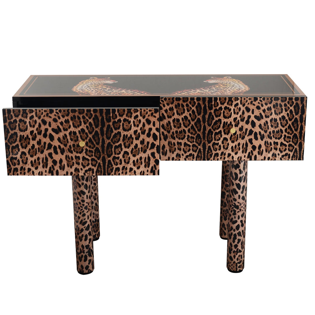 Eclectic wood drawer cabinet high leopard with context.