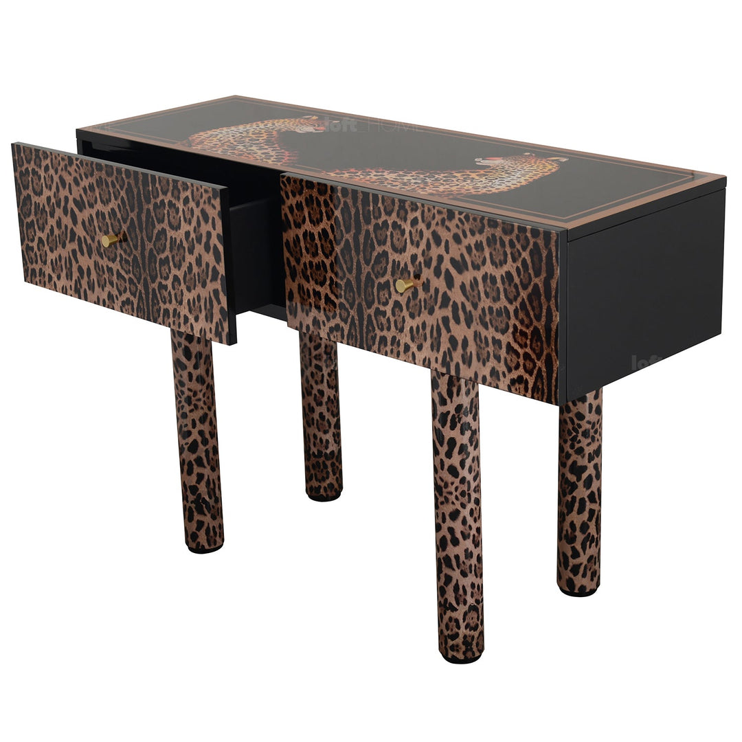 Eclectic wood drawer cabinet high leopard in panoramic view.