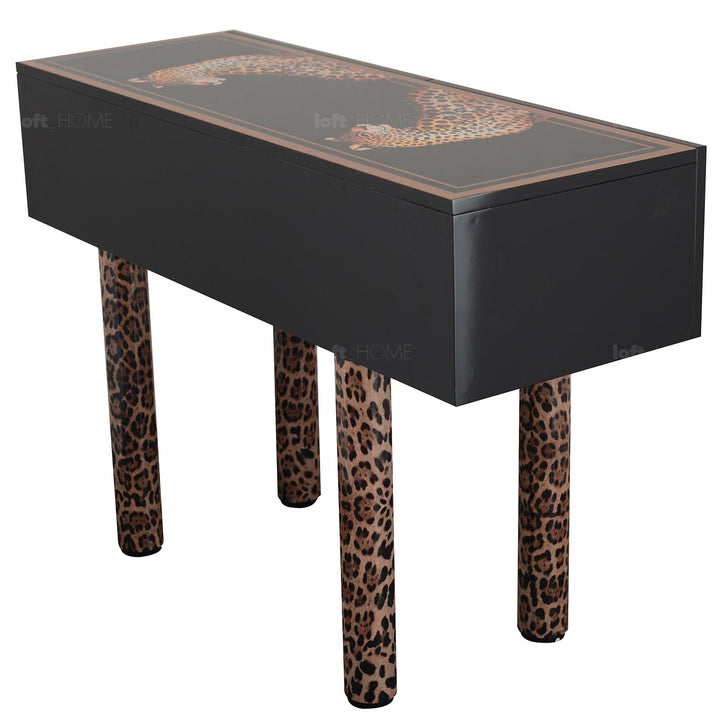 Eclectic wood drawer cabinet high leopard in still life.