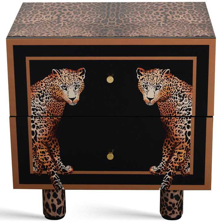 Eclectic wood drawer cabinet low leopard in white background.