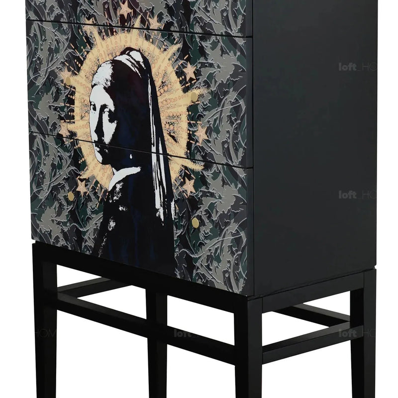 Eclectic wood drawer cabinet meisje with context.