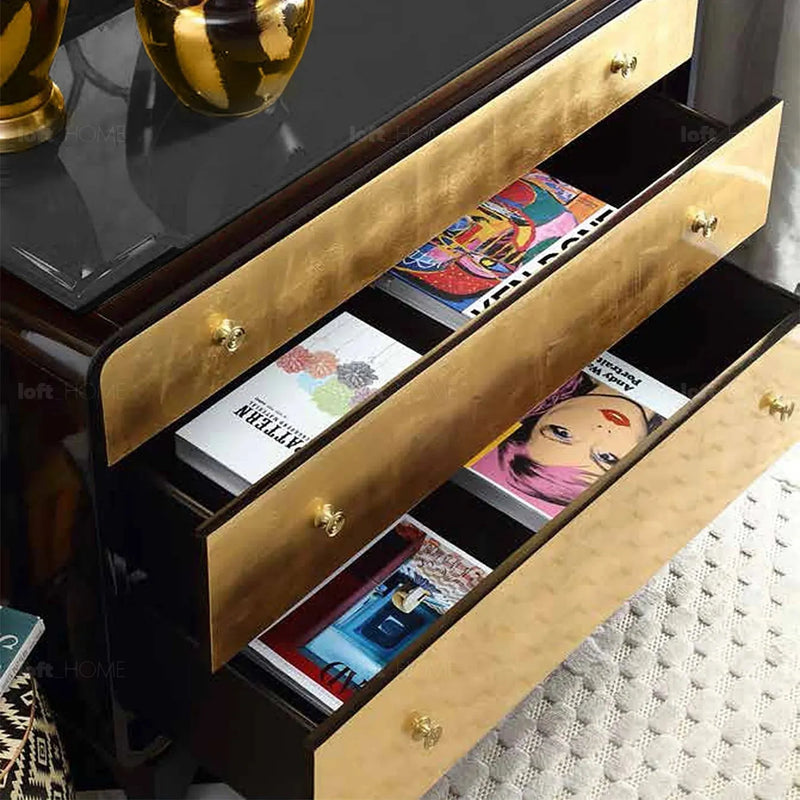 Eclectic wood drawer cabinet noirgold in real life style.