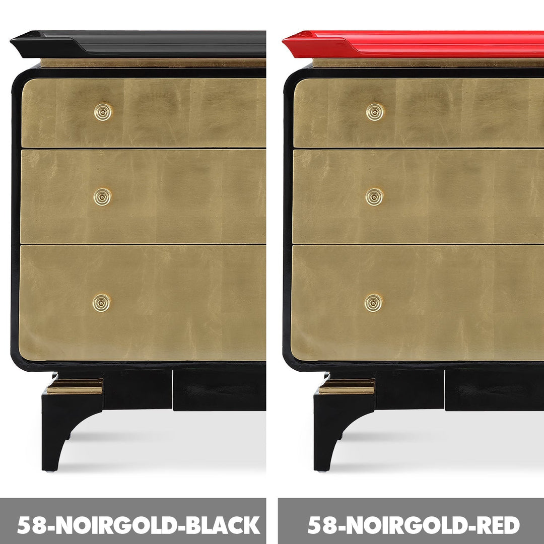 Eclectic wood drawer cabinet noirgold color swatches.