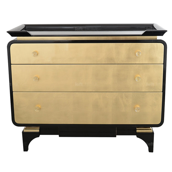 Eclectic wood drawer cabinet noirgold in details.