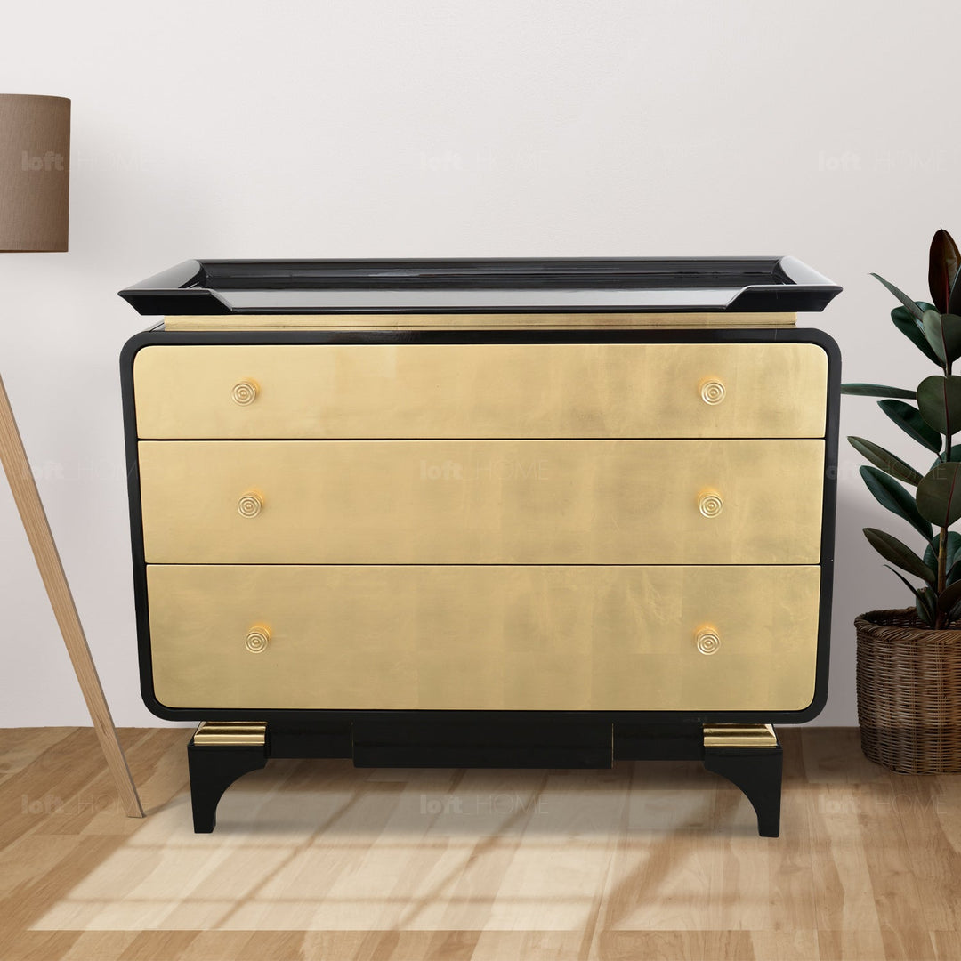 Eclectic wood drawer cabinet noirgold material variants.