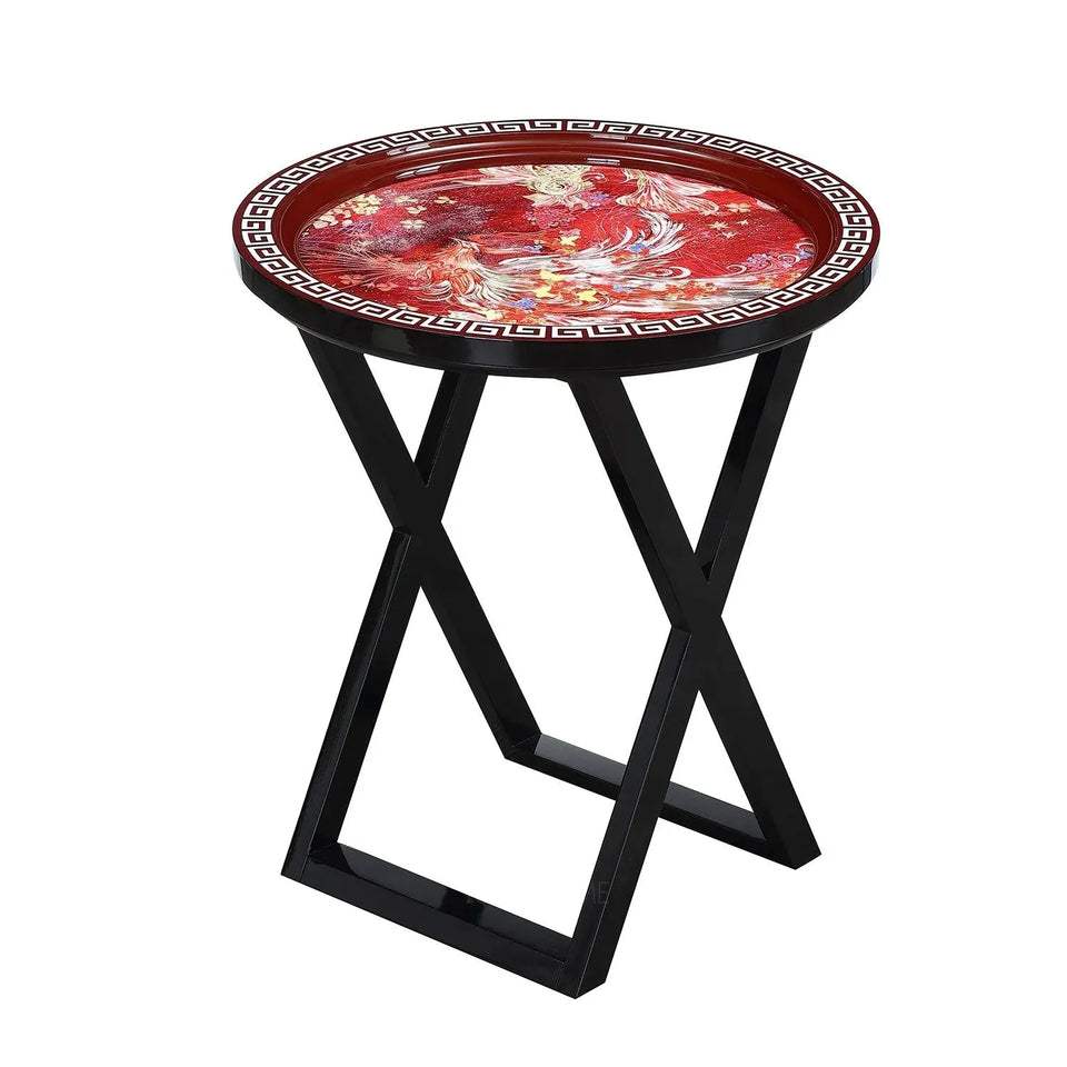 Eclectic wood side table apsara material variants.