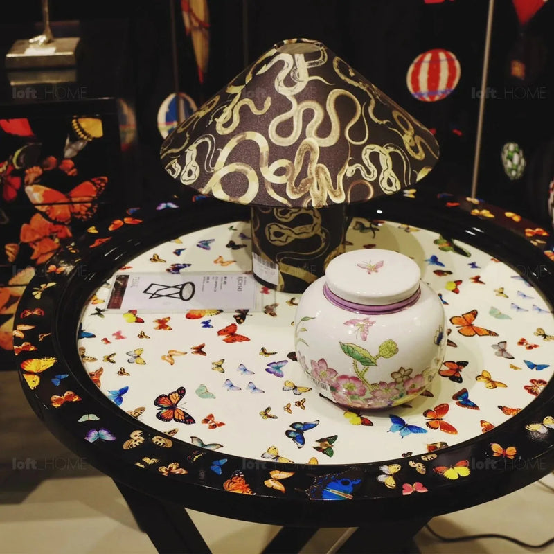 Eclectic wood side table flutter in real life style.
