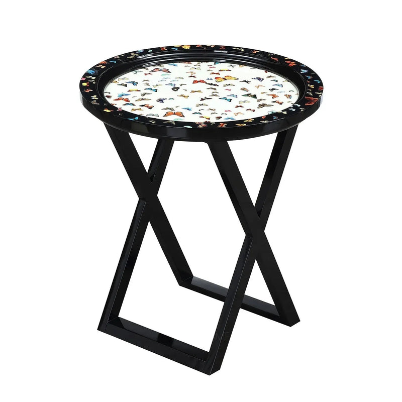 Eclectic wood side table flutter with context.