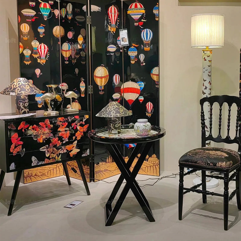 Eclectic wood side table flutter material variants.