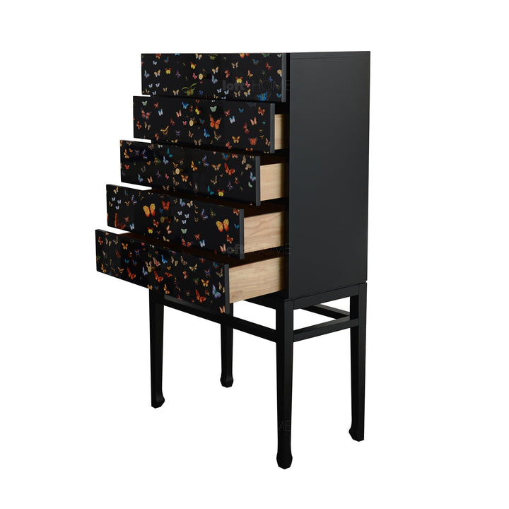 Eclectic wood storage cabinet flutter in panoramic view.