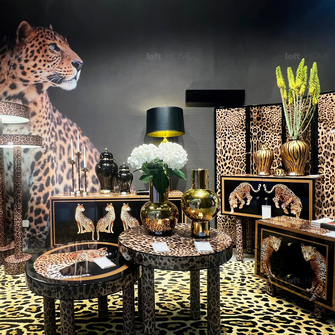 Eclectic wood storage cabinet high leopard color swatches.