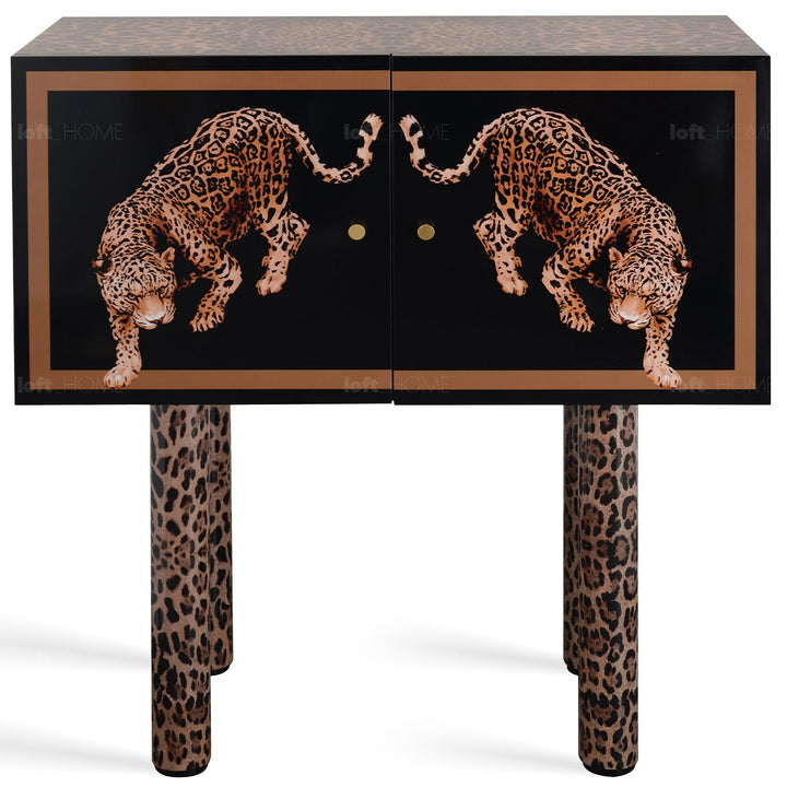 Eclectic wood storage cabinet high leopard in white background.