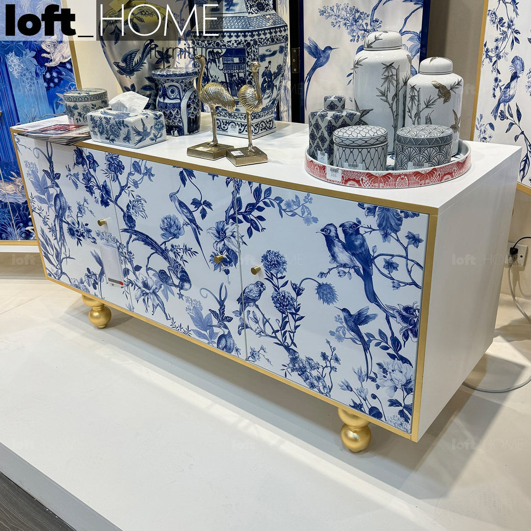 Eclectic wood storage cabinet low delft blue primary product view.