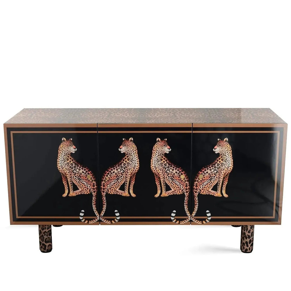 Eclectic wood storage cabinet low leopard in white background.