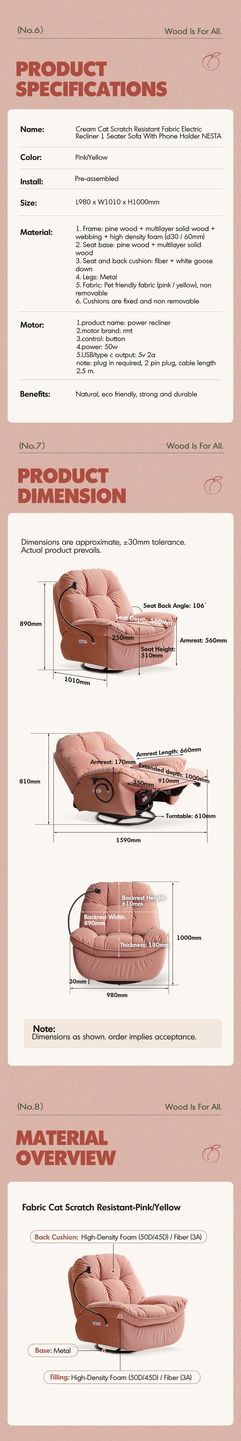 Cream Cat Scratch Resistant Fabric Electric Recliner 1 Seater Sofa With Phone Holder NESTA Good to Know - 9