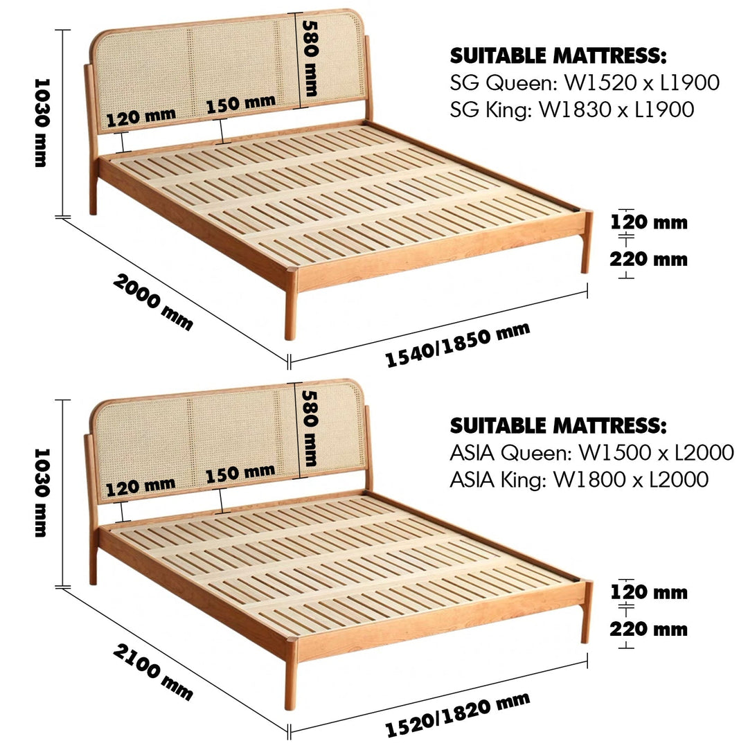 Japandi Wood Bed CHERRY RATTAN Size Chart