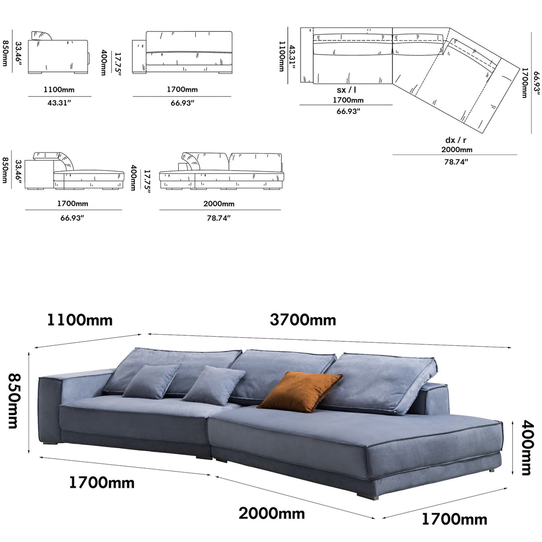 Minimalist Suede Fabric L Shape Sofa BUDAPEST Size Chart
