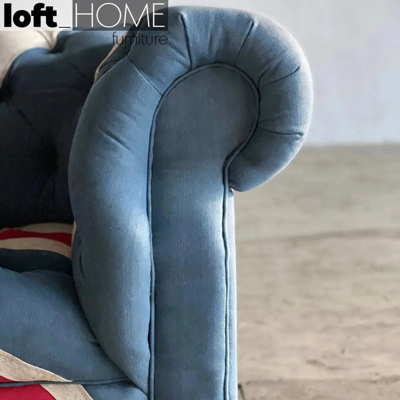 (Fast Delivery) Vintage Denim Fabric 3 Seater Sofa UNION JACK CHESTERFIELD Close-up