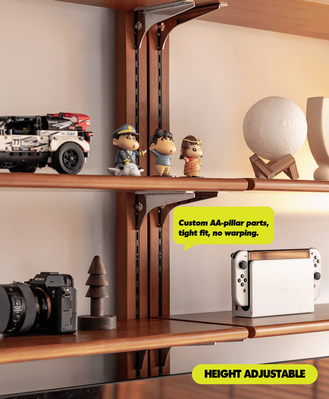 Vintage boxwood modular hanging wall shelf system muse single in panoramic view.