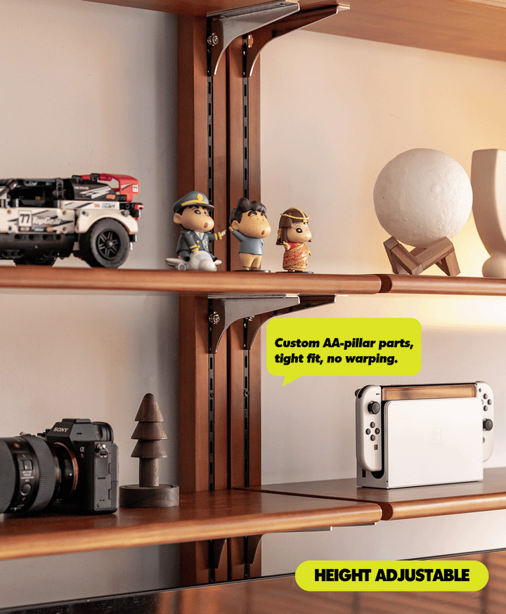 Vintage boxwood modular hanging wall shelf system muse single in panoramic view.