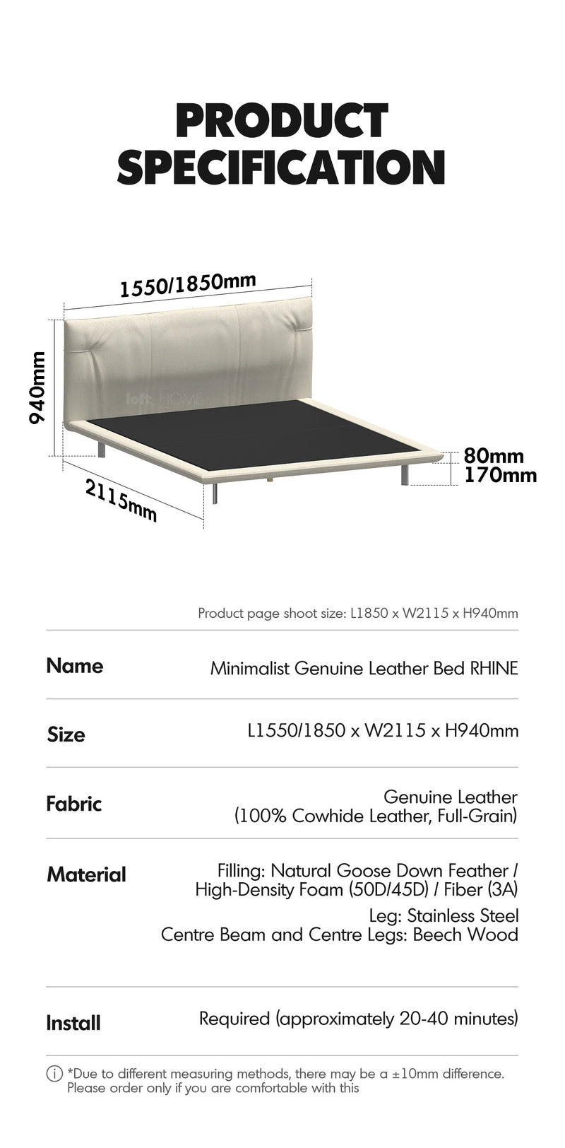 Minimalist Genuine Leather Bed RHINE Good to Know - 6