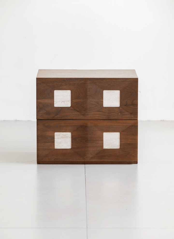 Japandi walnut wood modular cabinet solo in details.