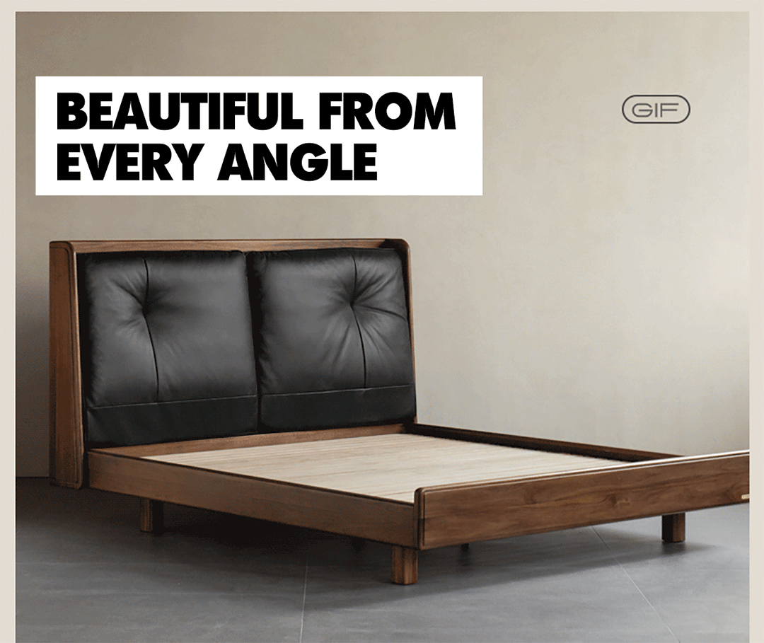 Japandi walnut wood genuine leather bed noir color swatches.