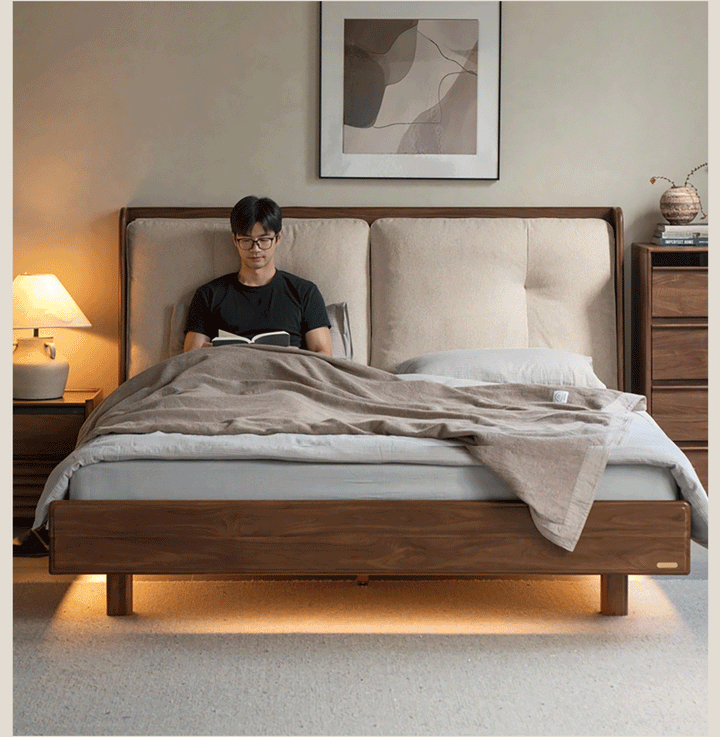 Japandi walnut wood genuine leather bed noir in real life style.