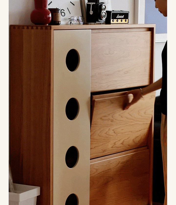 Scandinavian cherry wood shoe cabinet timeless in panoramic view.