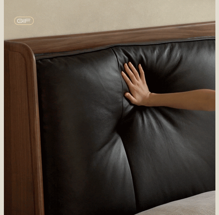 Japandi walnut wood genuine leather bed noir environmental situation.
