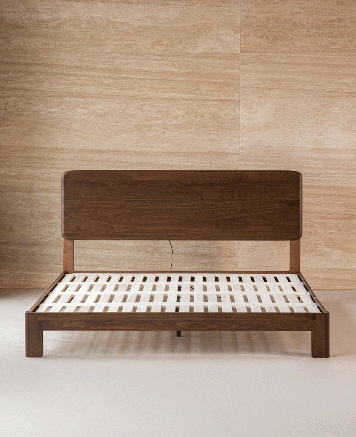 Japandi walnut wood bed dune color swatches.