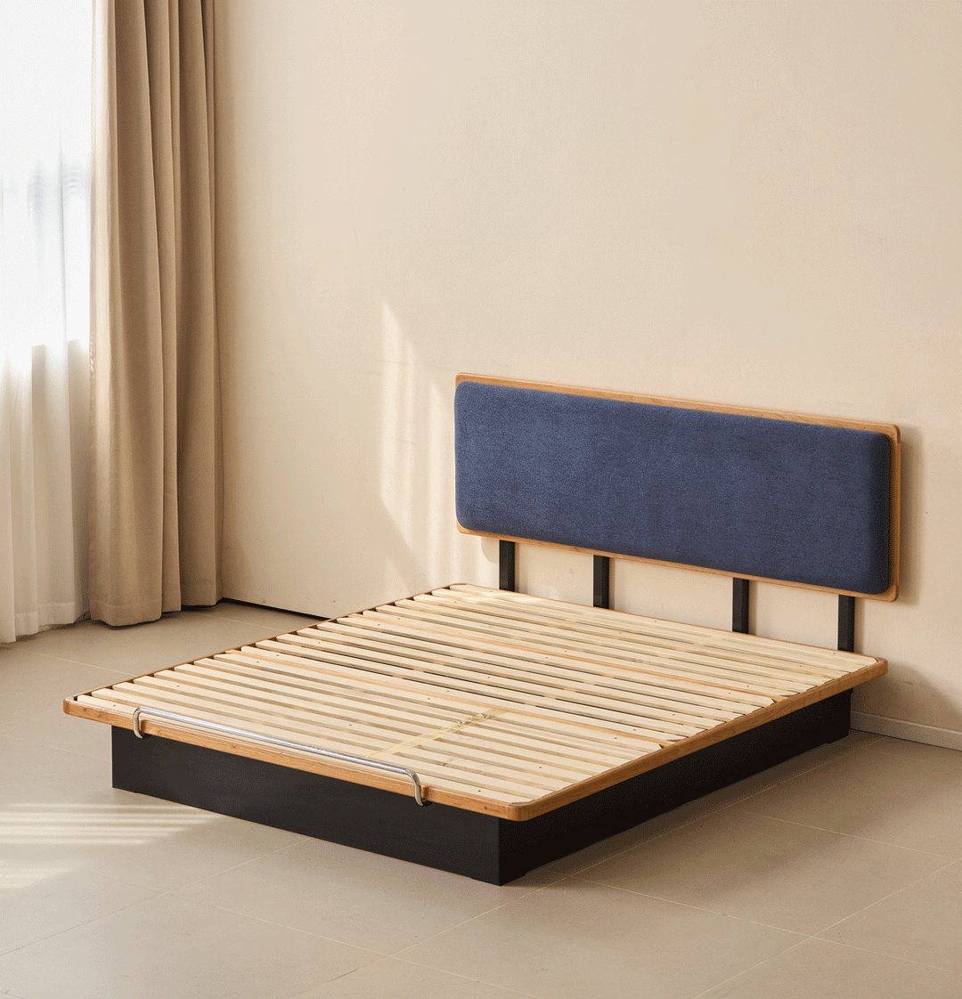 Bauhaus cherry wood storage bed film in still life.
