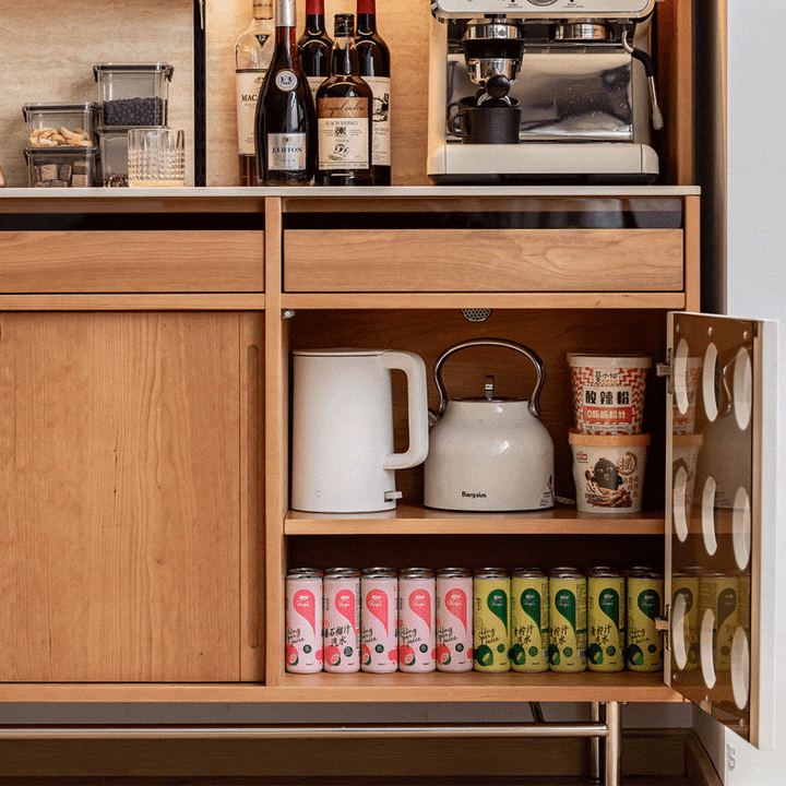 Scandinavian cherry wood sintered stone storage side cabinet timeless in real life style.