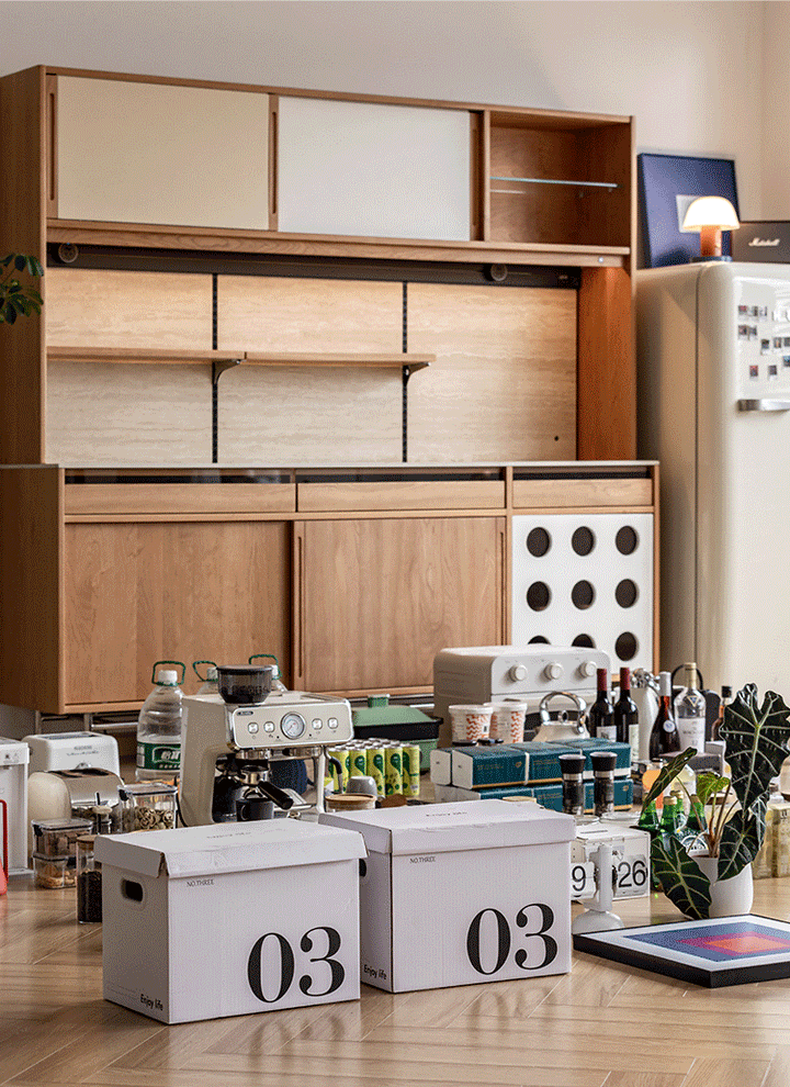 Scandinavian cherry wood sintered stone storage side cabinet timeless in panoramic view.