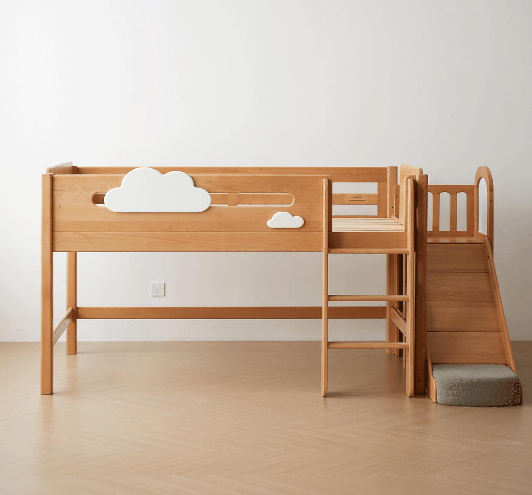 Scandinavian beech wood kids storage bed with slide and study desk cloud color swatches.