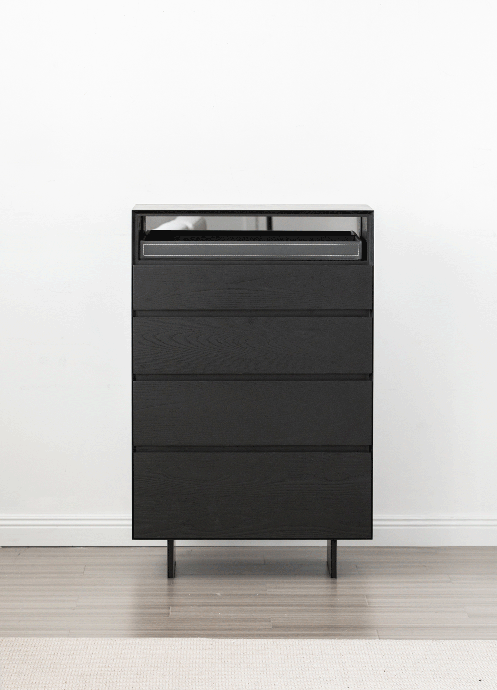 Minimalist ash wood veneer chest of 4  drawers grid color swatches.